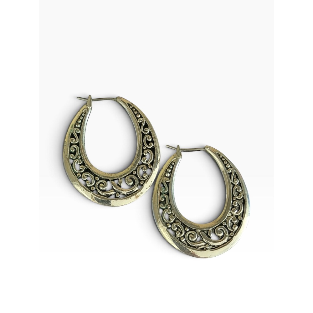 Unbranded Hoop Earrings Women OS Silver Tone GUC Filigree Scrollwork Boho